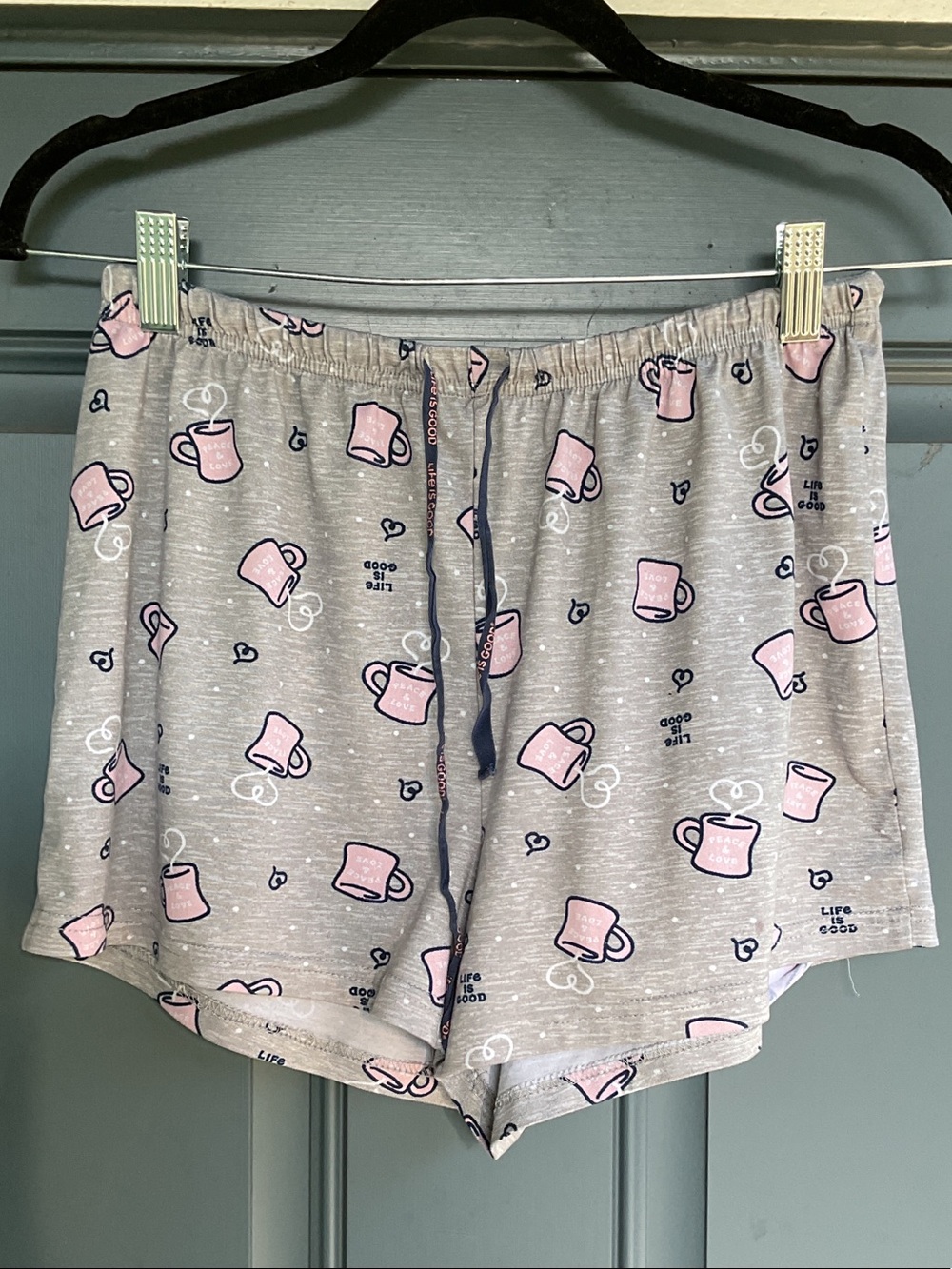 Life Is Good Gray Knit Pajama Shorts with Pink Mug Print, Size M